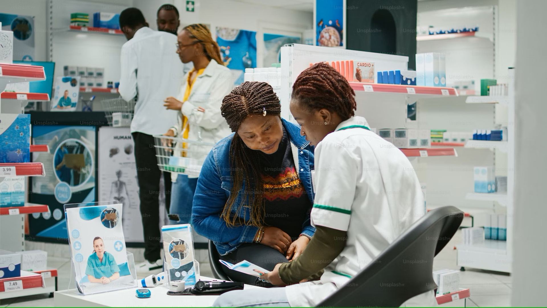 Pharmacist scanning medicine packaging on a pharmacy shelf